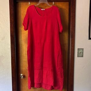 Rosemarine Poppy Red Linen dress with eyelet hem; Women’s L. With pockets!